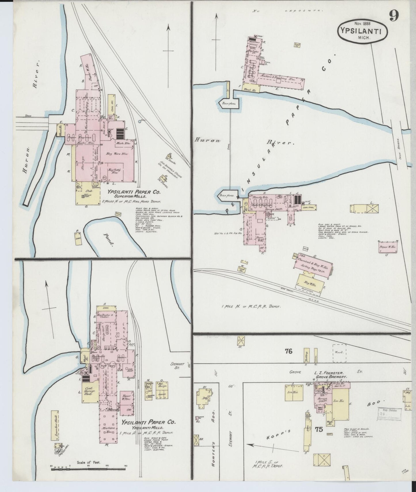 Sanborn Fire Insurance Map from Ypsilanti, Washtenaw County, Michigan (1888), Sheet #0009 - Complete Map Set gallery image, historic Sanborn map, vintage wall art, Michigan Michigan