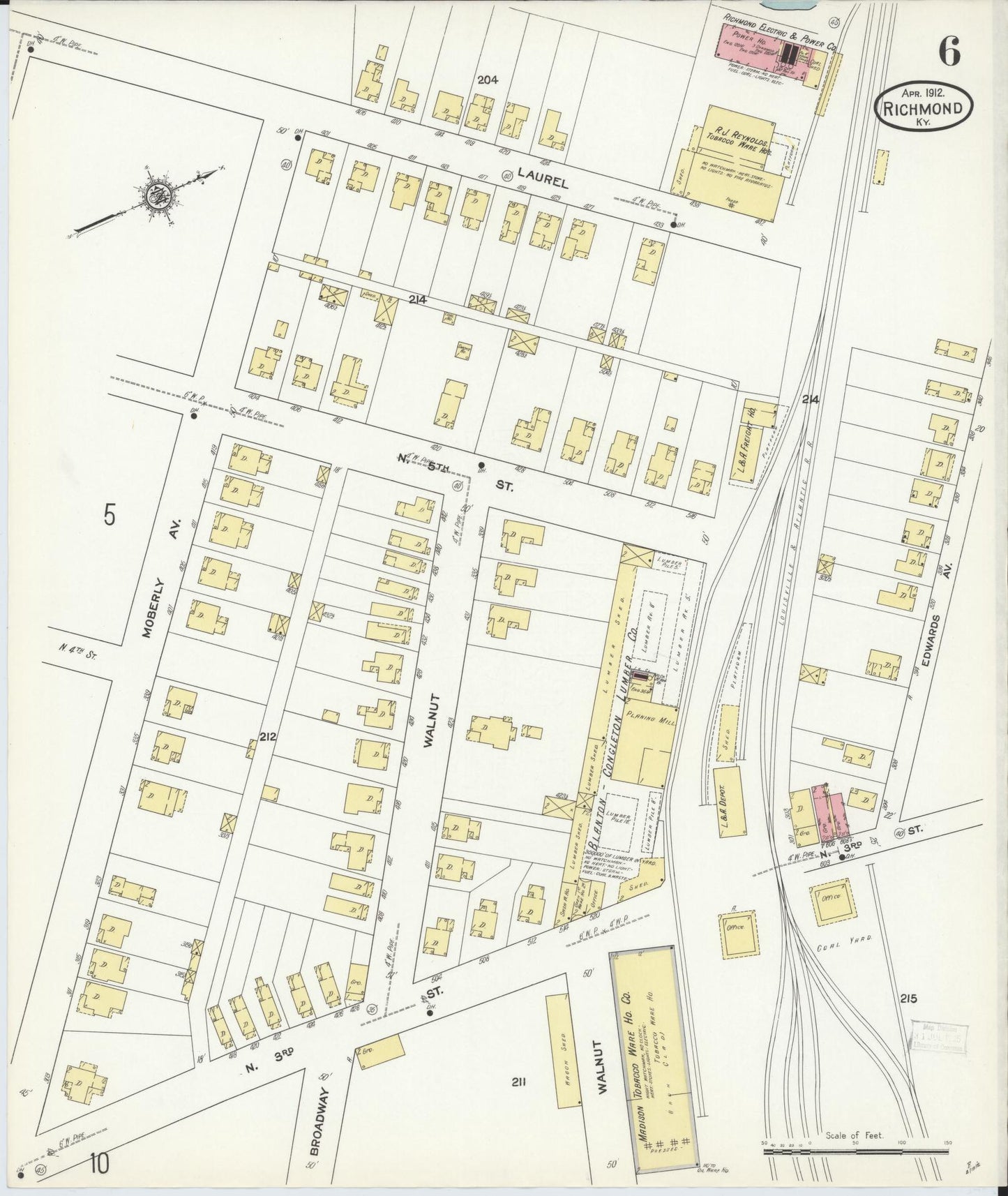 Sanborn Fire Insurance Map from Richmond, Madison County, Kentucky (1912), Sheet #0006 - Historic Sanborn Fire Insurance Map Print, vintage old map wall art, antique decor, genealogy gift, Kentucky Kentucky map