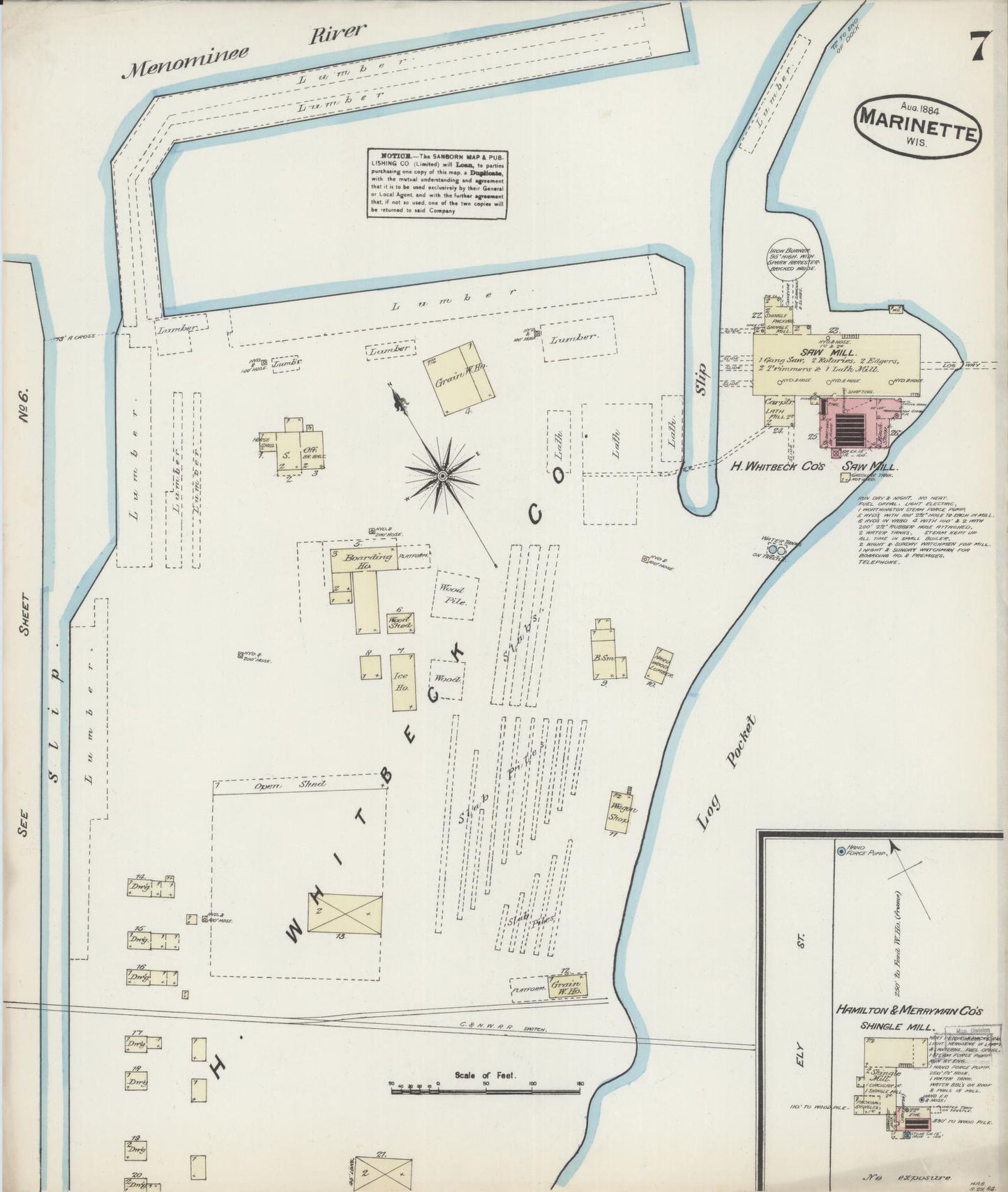 Sanborn Fire Insurance Map from Marinette, Marinette County, Wisconsin (1884), Sheet #0007 - Historic Sanborn Fire Insurance Map Print, vintage old map wall art, antique decor, genealogy gift, Wisconsin Wisconsin map