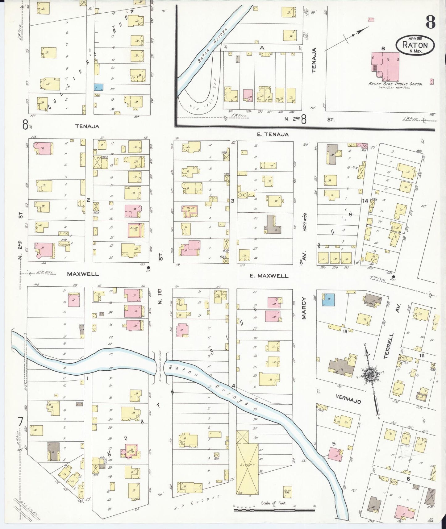 Sanborn Fire Insurance Map from Raton, Colfax County, New Mexico (1911), Sheet #0008 - Historic Sanborn Fire Insurance Map Print, vintage old map wall art, antique decor, genealogy gift, New Mexico New Mexico map