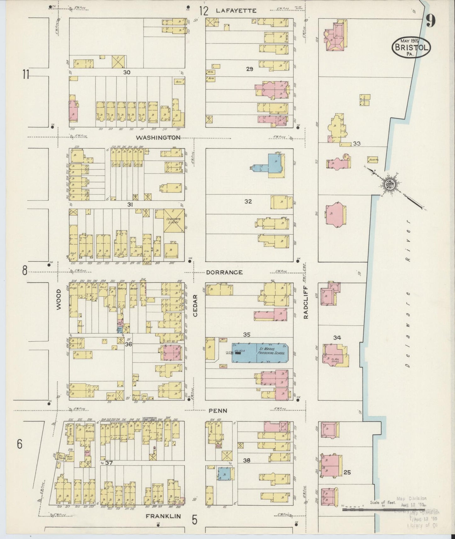 Sanborn Fire Insurance Map from Bristol, Bucks County, Pennsylvania (1915), Sheet #0009 - Historic Sanborn Fire Insurance Map Print, vintage old map wall art, antique decor, genealogy gift, Pennsylvania Pennsylvania map