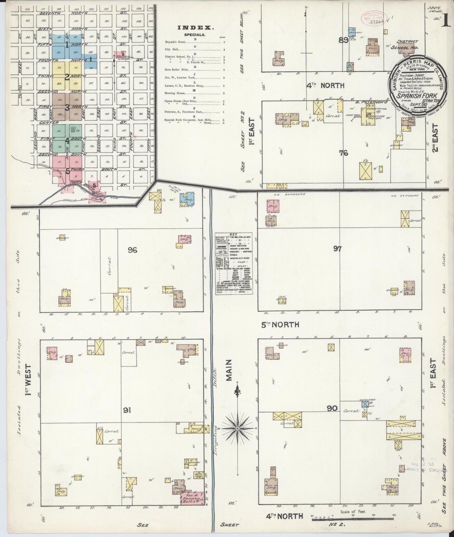 Sanborn Fire Insurance Map from Spanish Fork, Utah County, Utah (1890), Sheet #0001 - Historic Sanborn Fire Insurance Map Print, vintage old map wall art, antique decor, genealogy gift, Spanish Fork Utah map