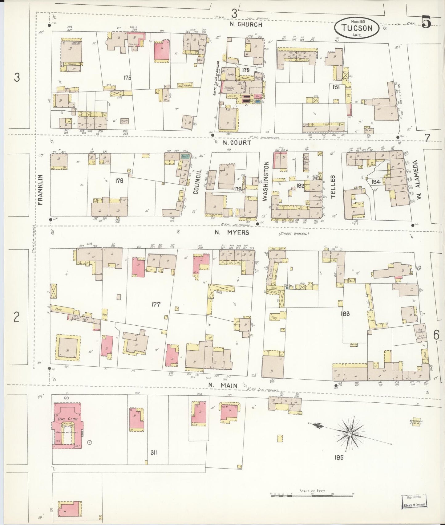 Sanborn Fire Insurance Map from Tucson, Pima County, Arizona (1901), Sheet #0005 - Historic Sanborn Fire Insurance Map Print, vintage old map wall art, antique decor, genealogy gift, Arizona Arizona map