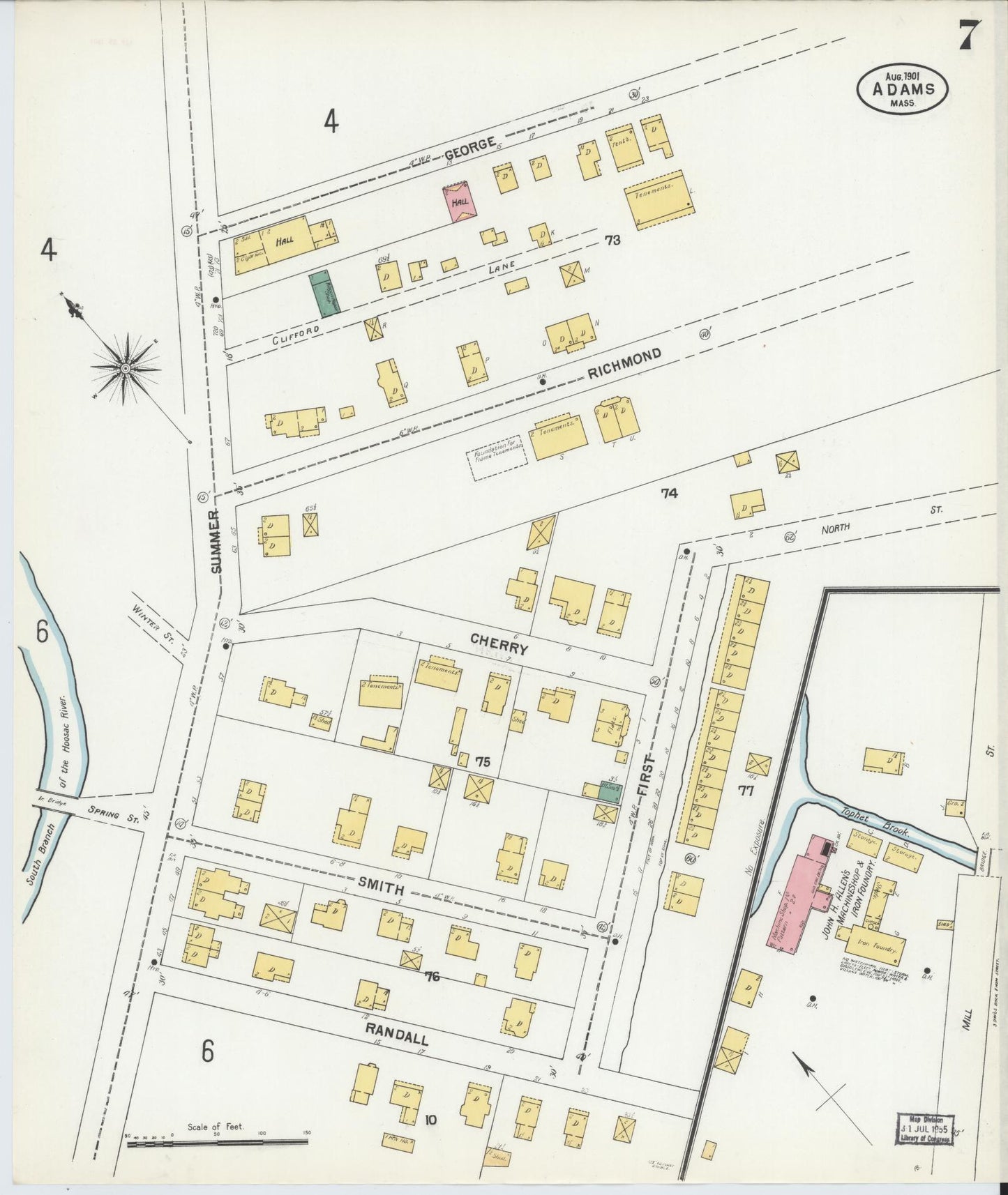 Sanborn Fire Insurance Map from Adams, Berkshire County, Massachusetts (1901), Sheet #0007 - Historic Sanborn Fire Insurance Map Print, vintage old map wall art, antique decor, genealogy gift, Massachusetts Massachusetts map