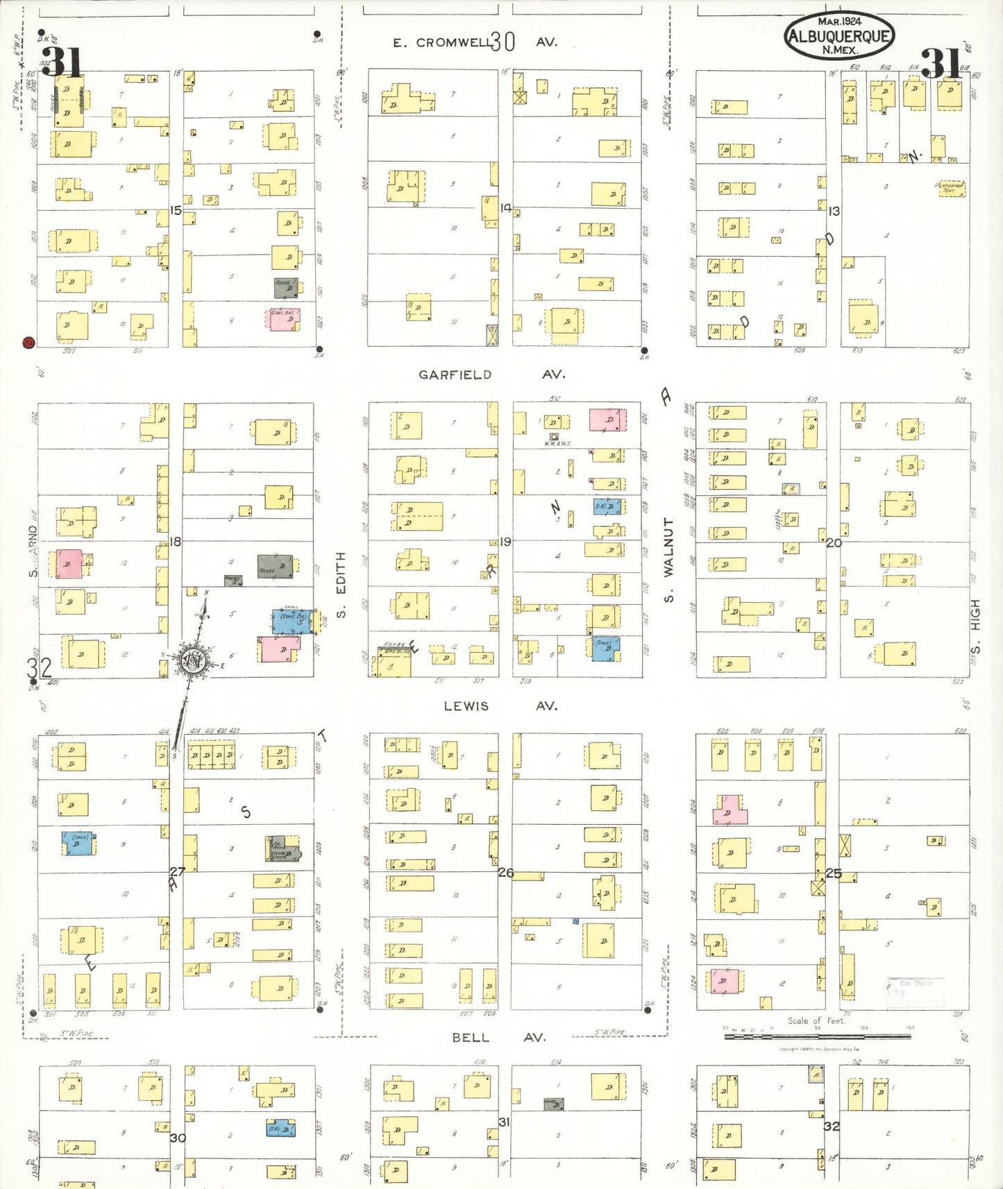Sanborn Fire Insurance Map from Albuquerque, Bernalillo County, New Mexico (1924), Sheet #0031 - Historic Sanborn Fire Insurance Map Print, vintage old map wall art, antique decor, genealogy gift, New Mexico New Mexico map