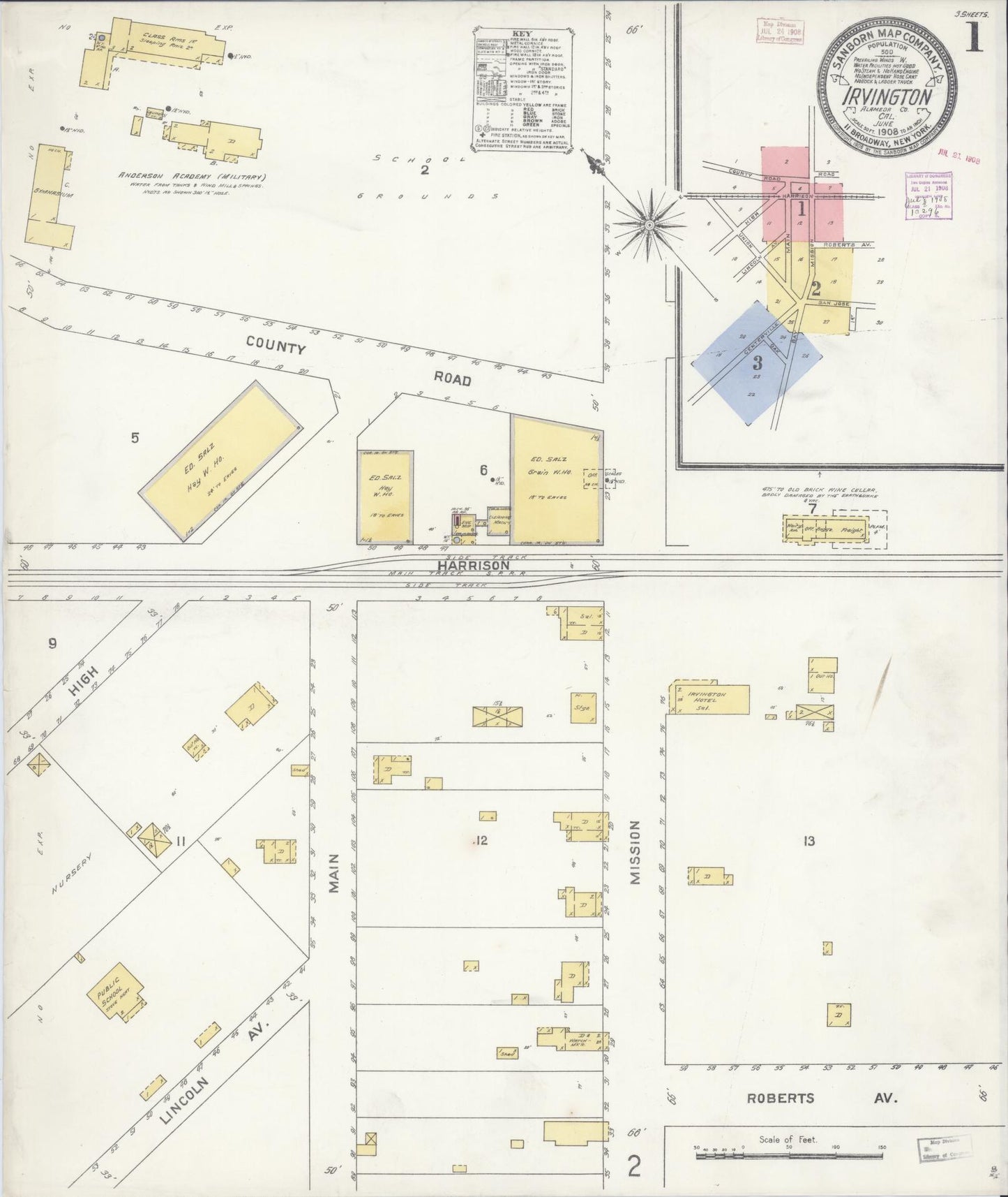 Sanborn Fire Insurance Map from Irvington, Alameda County, California (1908), Sheet #0001 - Historic Sanborn Fire Insurance Map Print, vintage old map wall art, antique decor, genealogy gift, California California map