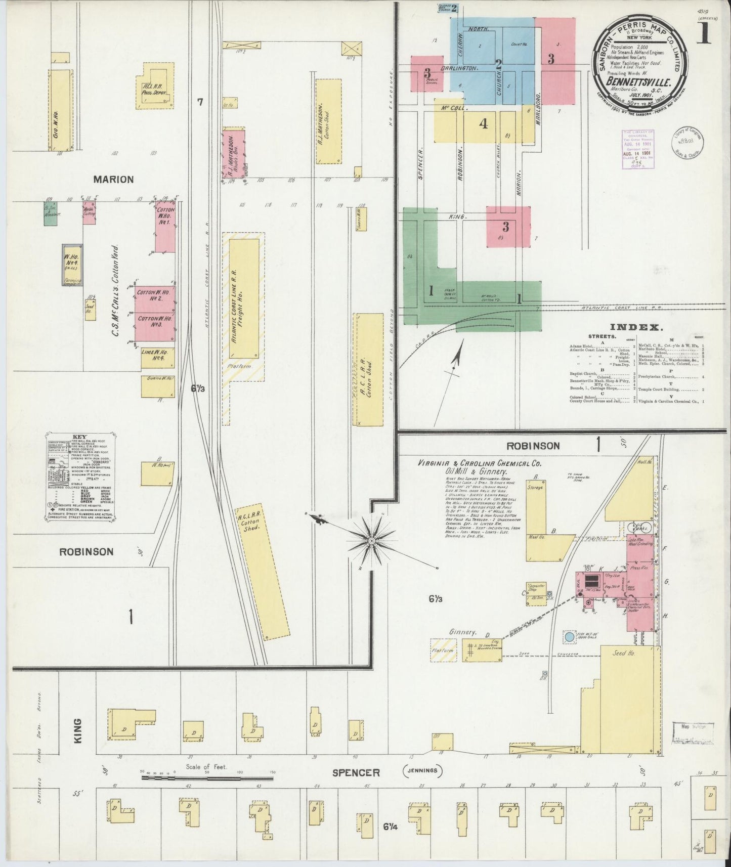 Sanborn Fire Insurance Map from Bennettsville, Marlboro County, South Carolina (1901), Sheet #0001 - Historic Sanborn Fire Insurance Map Print, vintage old map wall art, antique decor, genealogy gift, South Carolina South Carolina map