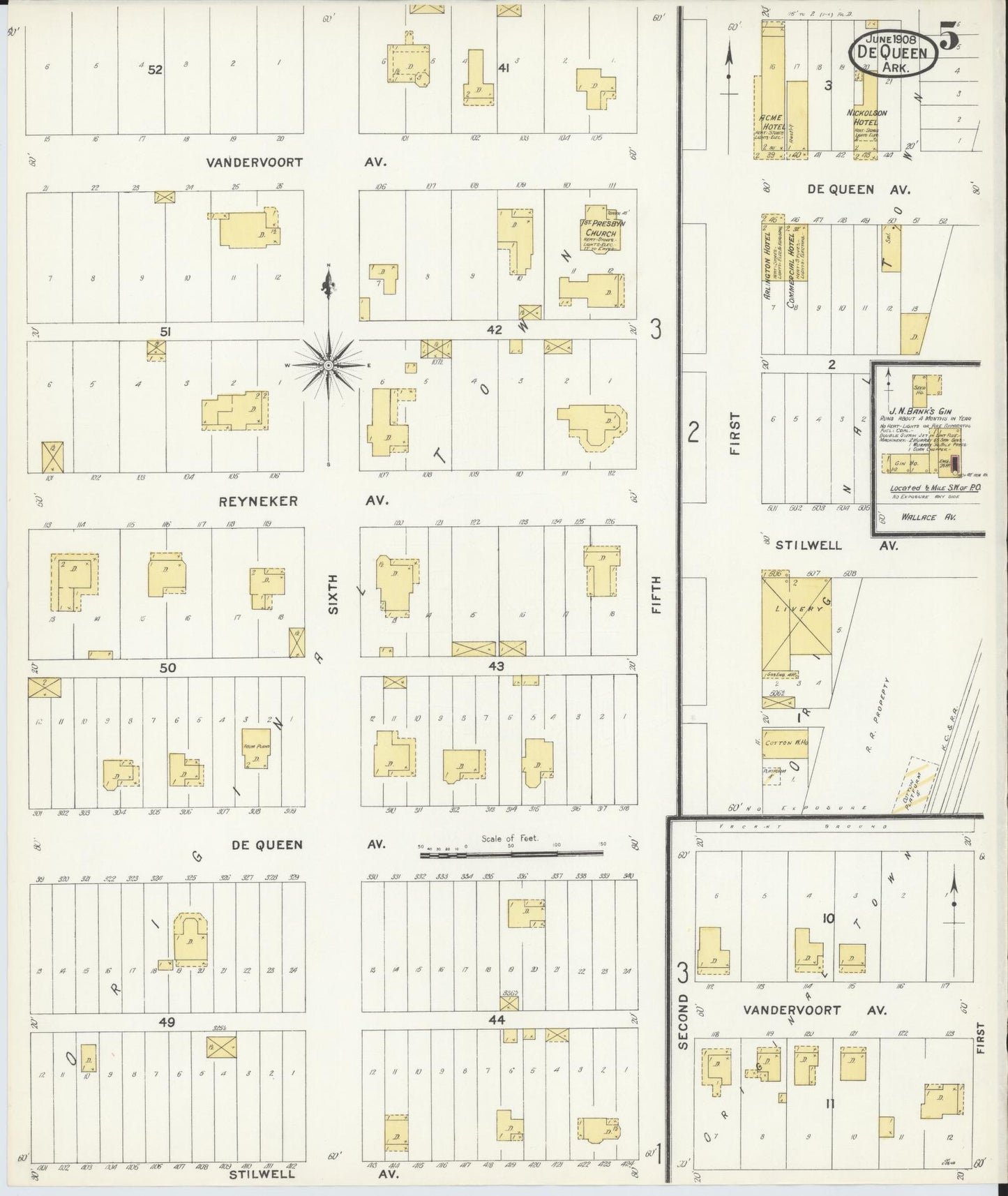 Sanborn Fire Insurance Map from De Queen, Sevier County, Arkansas (1908), Sheet #0005 - Complete Map Set gallery image, historic Sanborn map, vintage wall art, Arkansas Arkansas