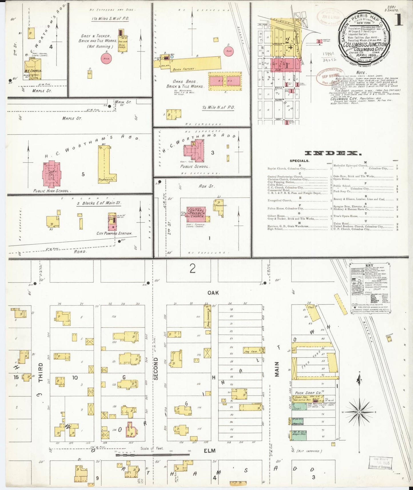 Sanborn Fire Insurance Map from Columbus Junction, Louisa County, Iowa (1899), Sheet #0001 - Historic Sanborn Fire Insurance Map Print, vintage old map wall art