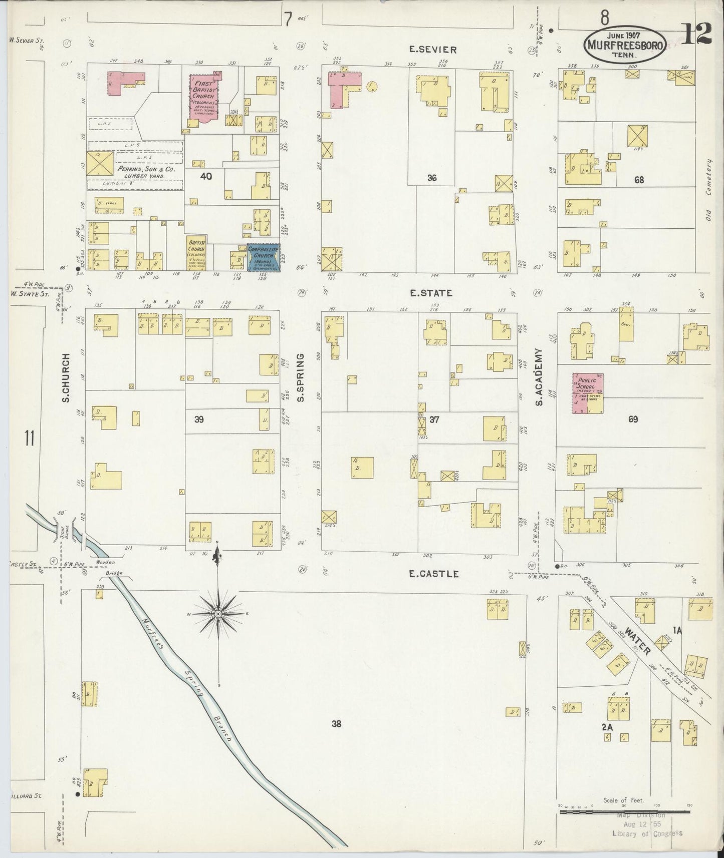 Sanborn Fire Insurance Map from Murfreesboro, Rutherford County, Tennessee (1907), Sheet #0012 - Historic Sanborn Fire Insurance Map Print, vintage old map wall art, antique decor, genealogy gift, Tennessee Tennessee map