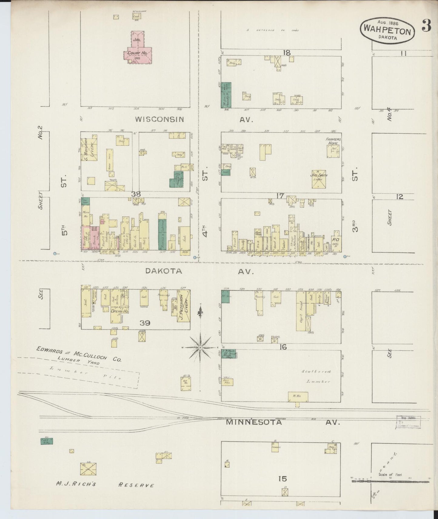 Sanborn Fire Insurance Map from Wahpeton, Richland County, North Dakota (1886), Sheet #0003 - Historic Sanborn Fire Insurance Map Print, vintage old map wall art, antique decor, genealogy gift, North Dakota North Dakota map