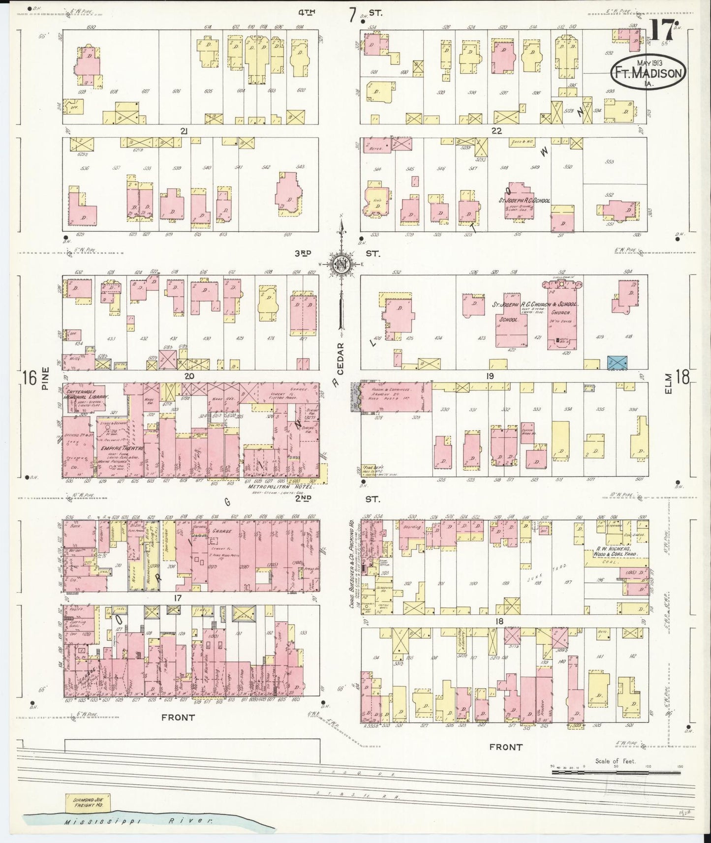 Sanborn Fire Insurance Map from Fort Madison, Lee County, Iowa (1913), Sheet #0017 - Historic Sanborn Fire Insurance Map Print, vintage old map wall art