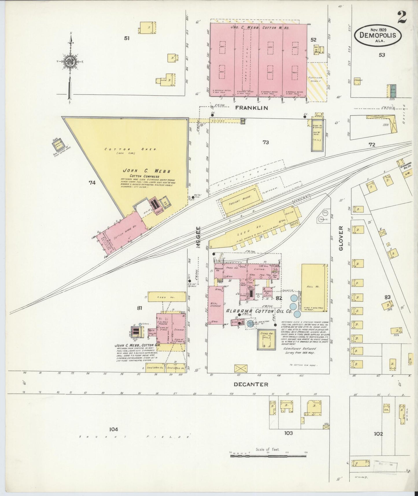 Sanborn Fire Insurance Map from Demopolis, Marengo County, Alabama (1909), Sheet #0002 - Historic Sanborn Fire Insurance Map Print, vintage old map wall art, antique decor, genealogy gift, Alabama Alabama map