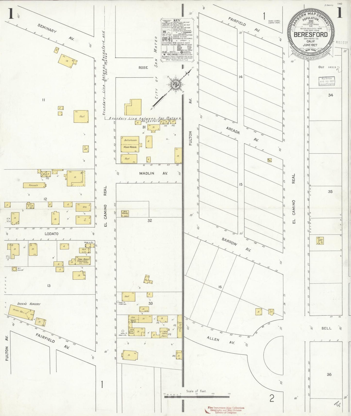Sanborn Fire Insurance Map from Beresford, San Mateo County, California (1927), Sheet #0001 - Historic Sanborn Fire Insurance Map Print, vintage old map wall art, antique decor, genealogy gift, California California map