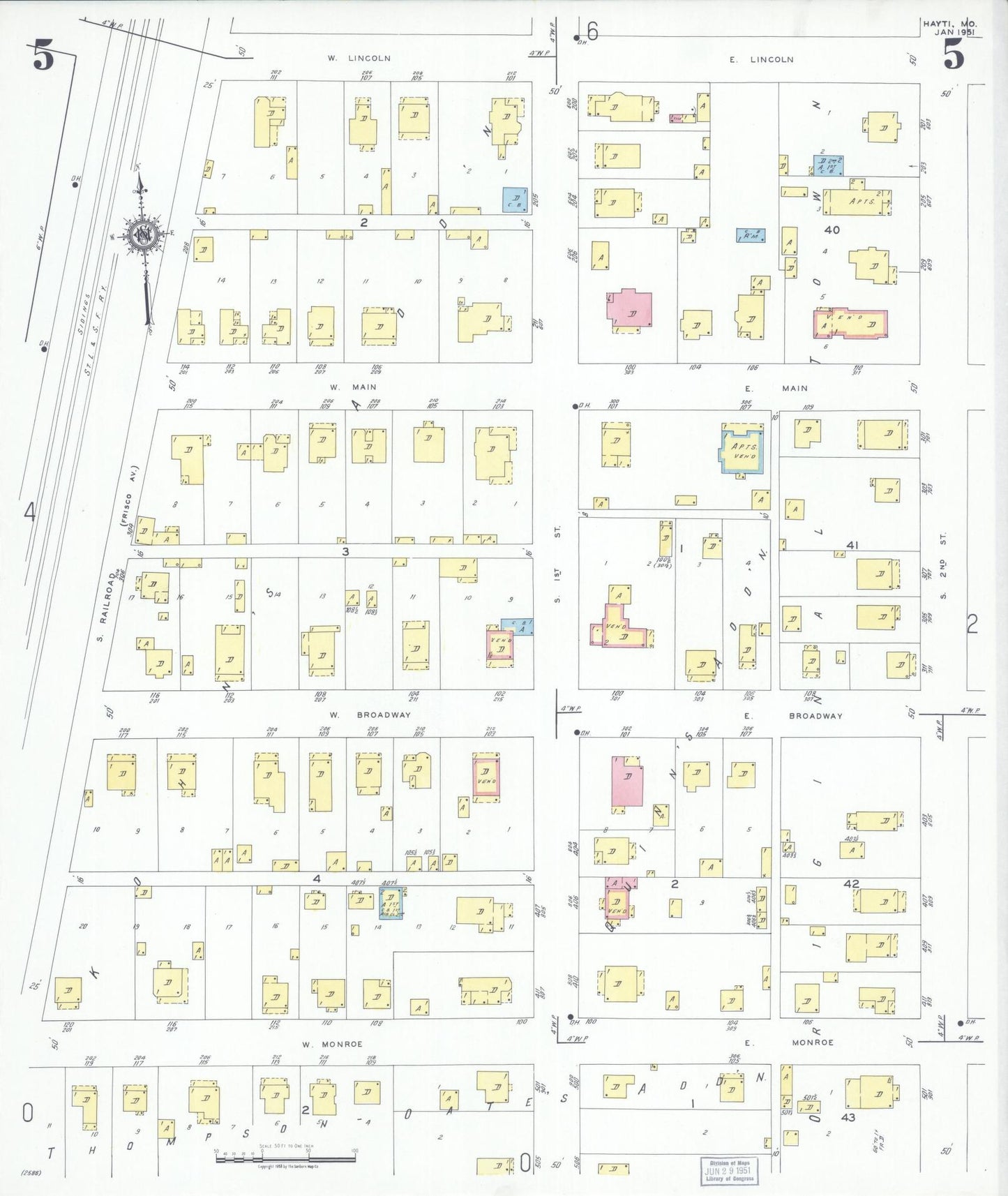 Sanborn Fire Insurance Map from Hayti, Pemiscot County, Missouri (1951), Sheet #0005 - Historic Sanborn Fire Insurance Map Print, vintage old map wall art, antique decor, genealogy gift, Missouri Missouri map