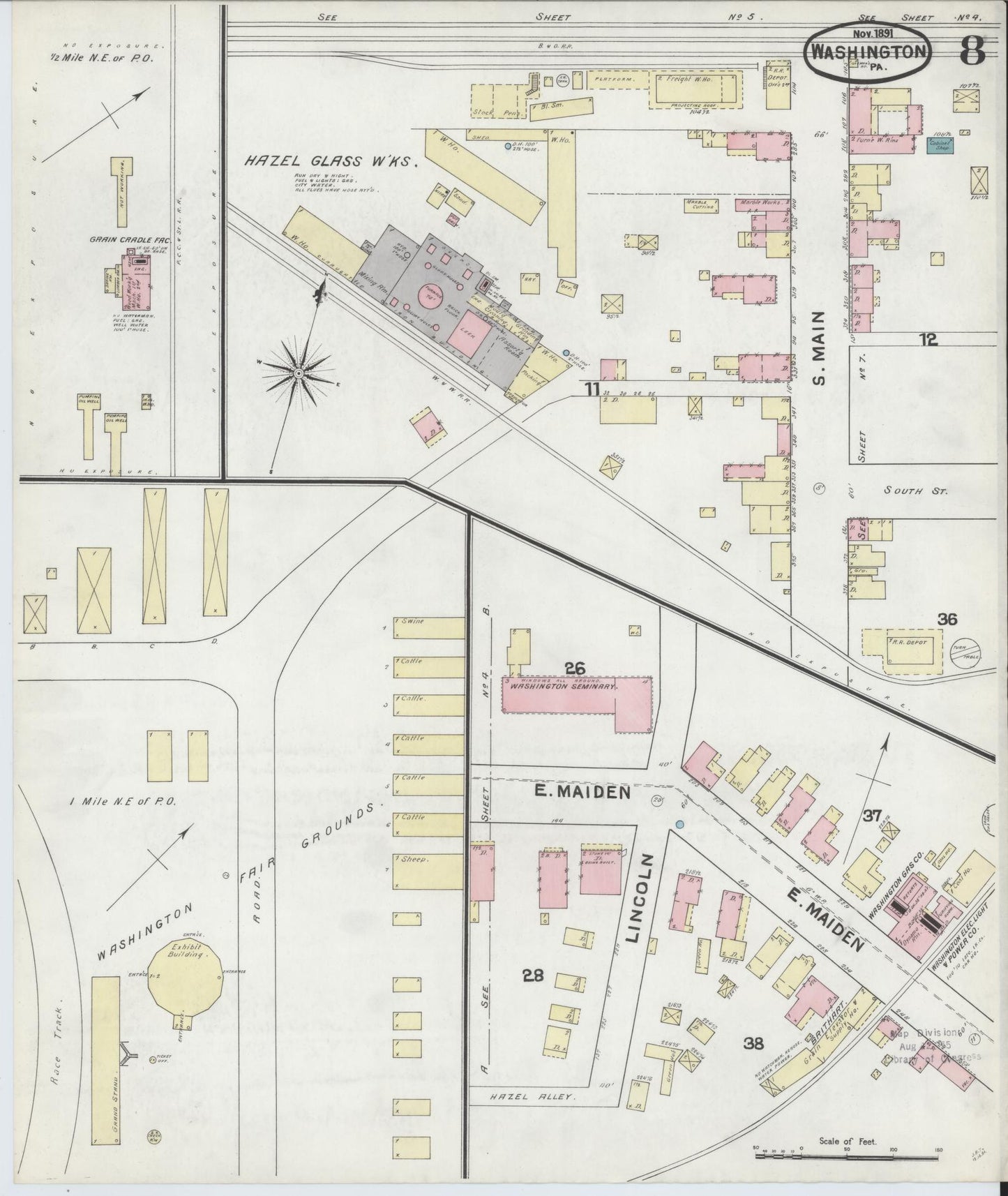 Sanborn Fire Insurance Map from Washington, Washington County, Pennsylvania (1891), Sheet #0008 - Historic Sanborn Fire Insurance Map Print, vintage old map wall art, antique decor, genealogy gift, Sanborn Fire Insurance Map from Washington Washington map