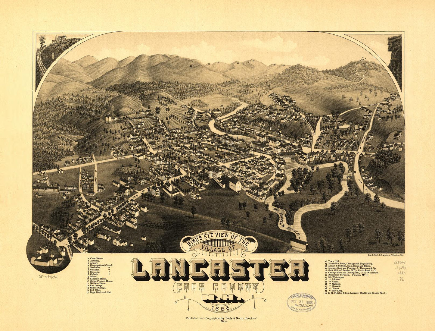 Bird's eye view of the village of Lancaster, Coos County, N.H. 1883. (1883) – Historic Bird’s-Eye View Panorama Print