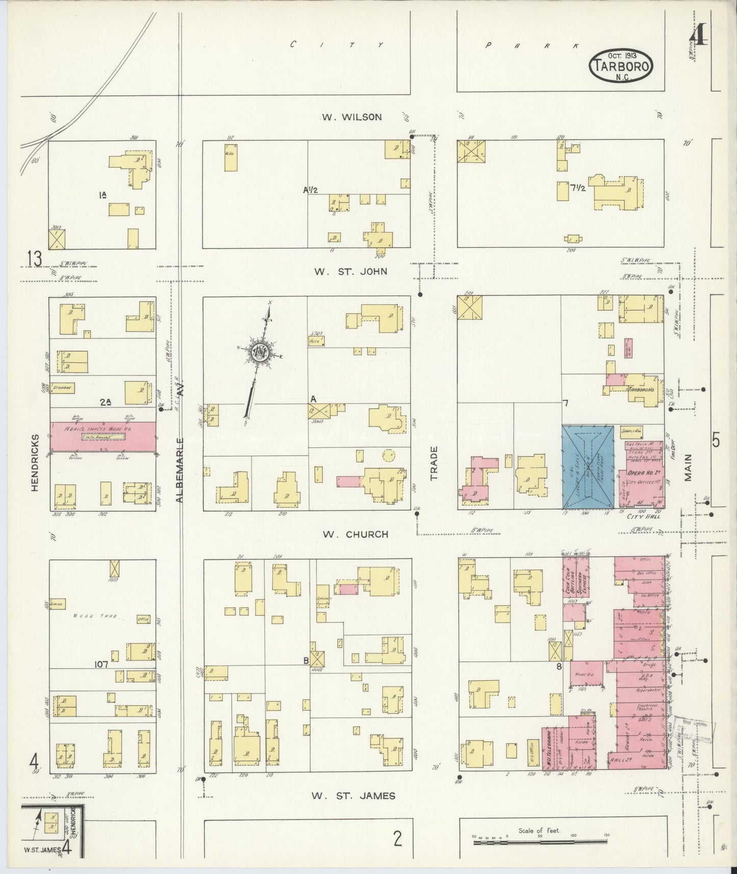 Sanborn Fire Insurance Map from Tarboro, Edgecombe County, North Carolina (1913), Sheet #0004 - Historic Sanborn Fire Insurance Map Print, vintage old map wall art, antique decor, genealogy gift, North Carolina North Carolina map