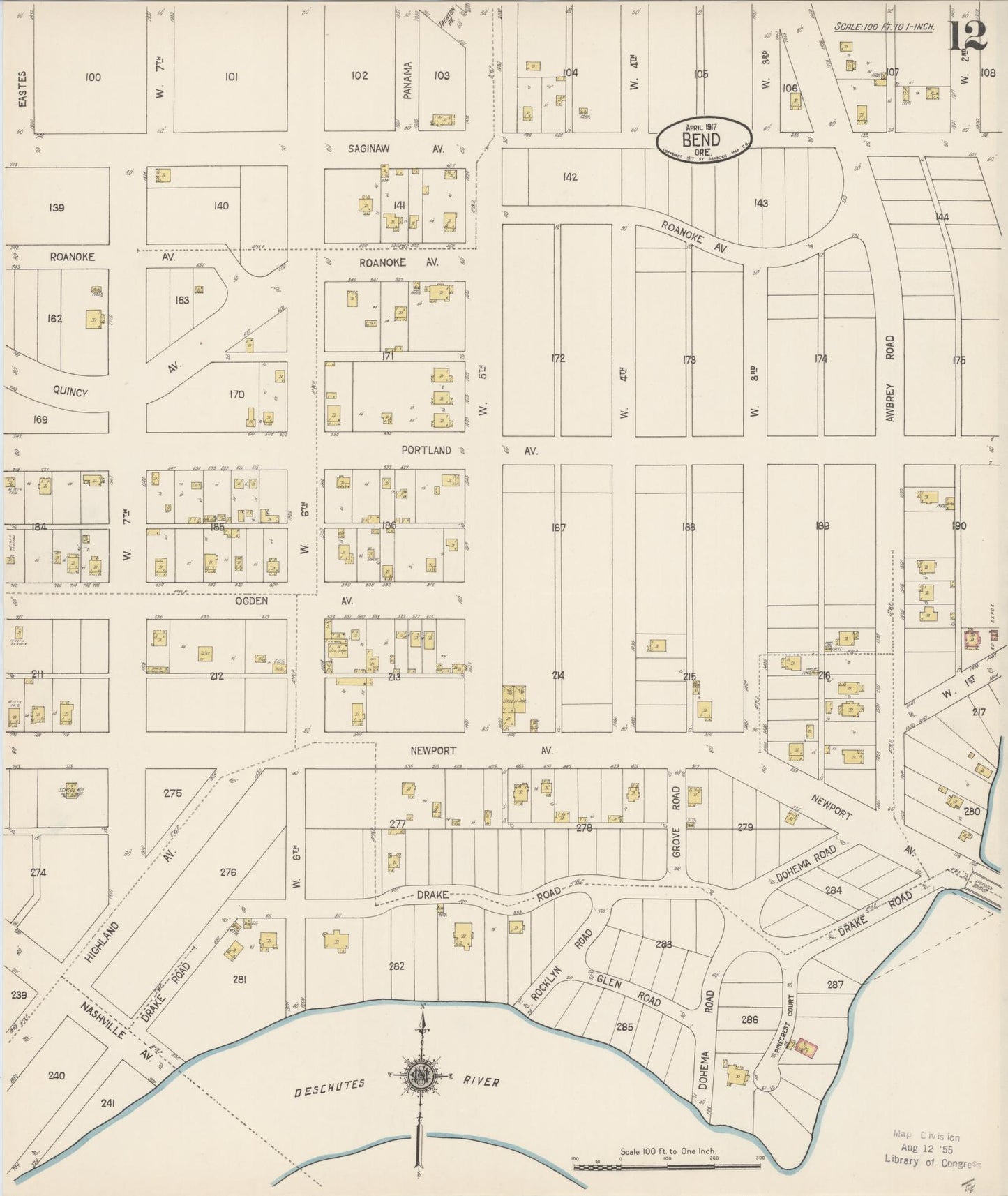 Sanborn Fire Insurance Map from Bend, Deschutes County, Oregon (1917), Sheet #0012 - Historic Sanborn Fire Insurance Map Print, vintage old map wall art, antique decor, genealogy gift, Oregon Oregon map