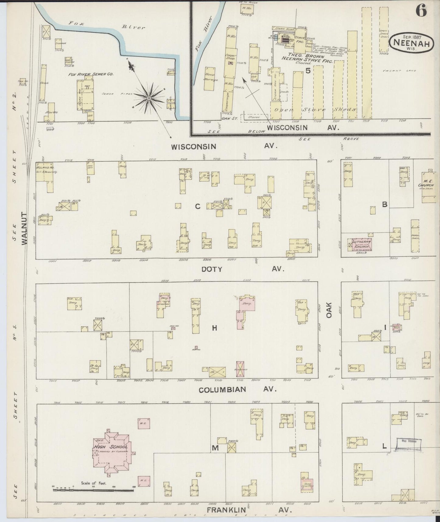 Sanborn Fire Insurance Map from Neenah, Winnebago County, Wisconsin (1887), Sheet #0006 - Historic Sanborn Fire Insurance Map Print, vintage old map wall art, antique decor, genealogy gift, Wisconsin Wisconsin map