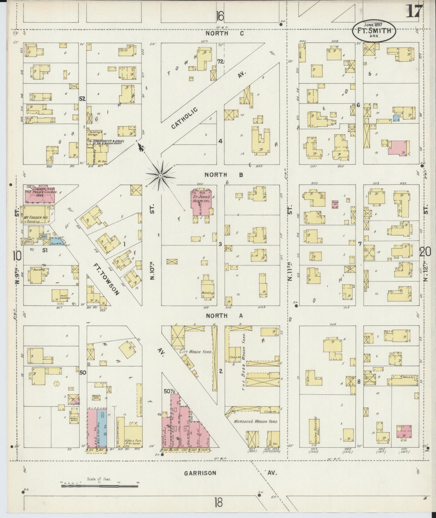 Sanborn Fire Insurance Map from Fort Smith, Sebastian County, Arkansas (1897), Sheet #0017 - Historic Sanborn Fire Insurance Map Print, vintage old map wall art, antique decor, genealogy gift, Arkansas Arkansas map