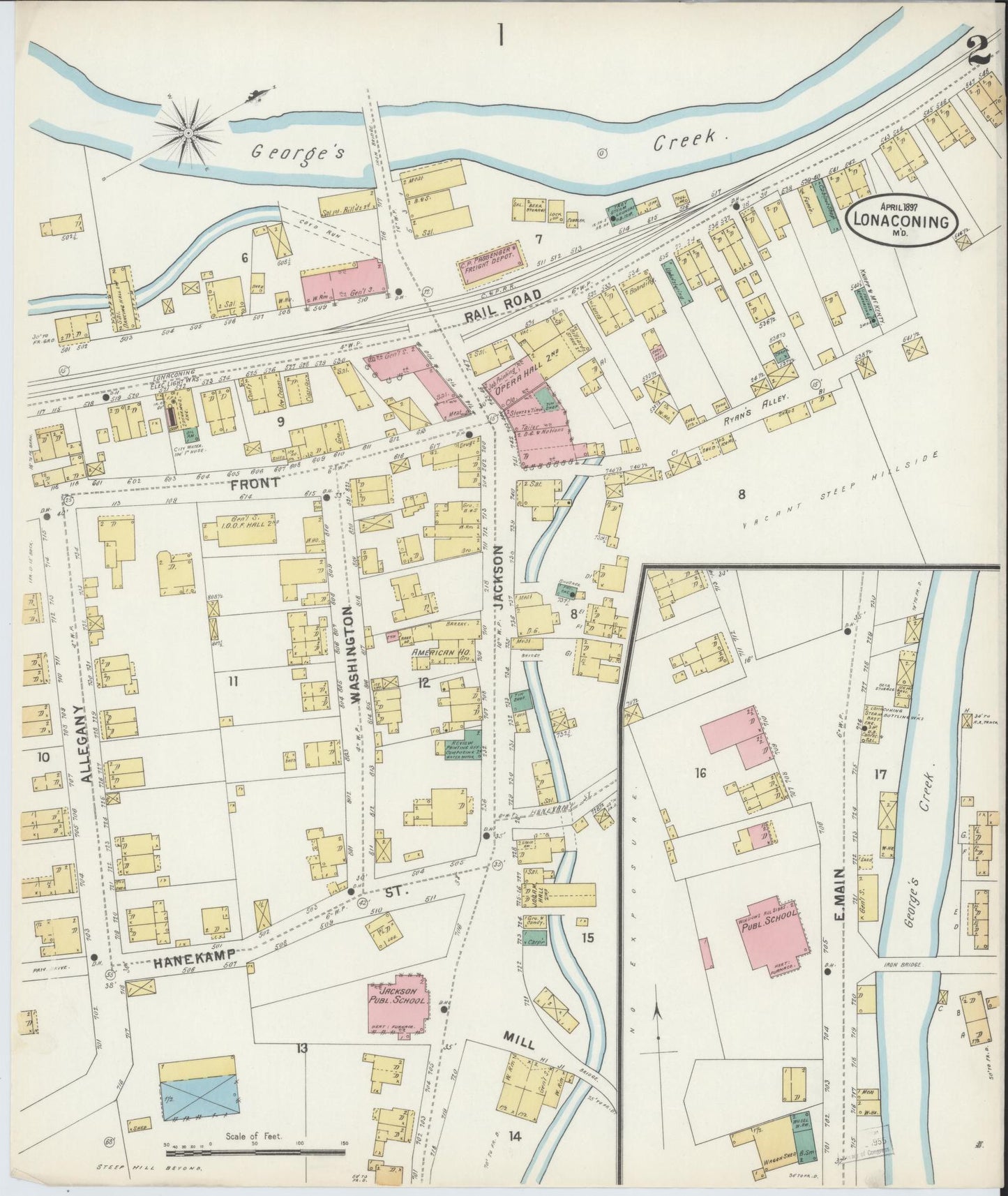 Sanborn Fire Insurance Map from Lonaconing, Allegany County, Maryland (1897), Sheet #0002 - Historic Sanborn Fire Insurance Map Print, vintage old map wall art