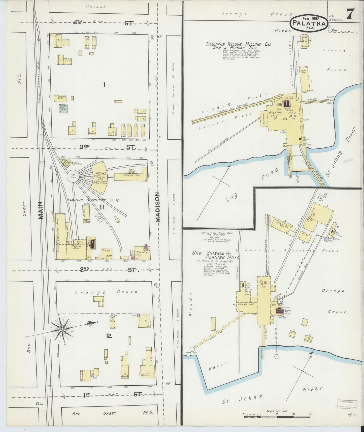 Sanborn Fire Insurance Map from Palatka, Putnam County, Florida (1892), Sheet #0007 - Complete Map Set gallery image, historic Sanborn map, vintage wall art, Florida Florida