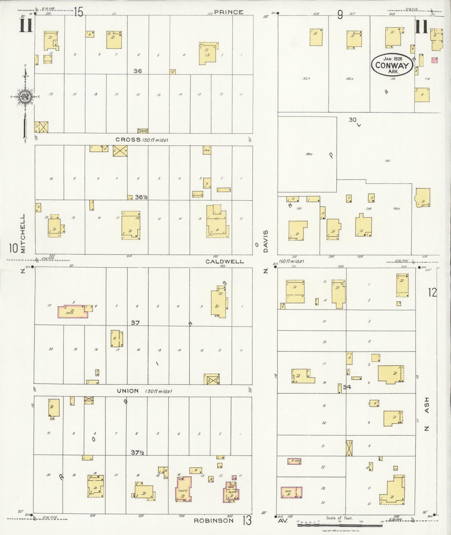 Sanborn Fire Insurance Map from Conway, Faulkner County, Arkansas (1926), Sheet #0011 - Historic Sanborn Fire Insurance Map Print, vintage old map wall art, antique decor, genealogy gift, Arkansas Arkansas map