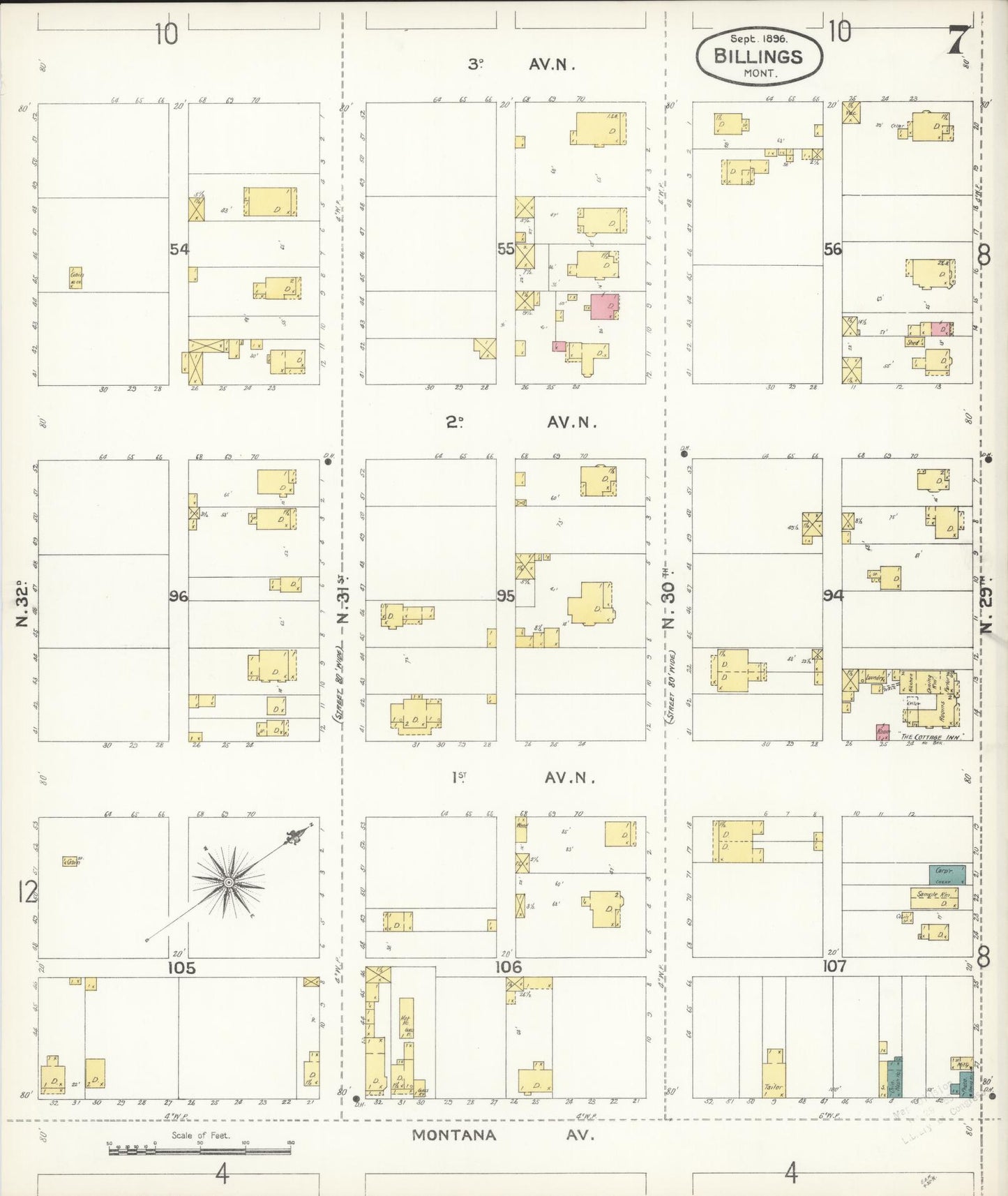 Sanborn Fire Insurance Map from Billings, Yellowstone County, Montana (1896), Sheet #0007 - Historic Sanborn Fire Insurance Map Print, vintage old map wall art, antique decor, genealogy gift, Montana Montana map