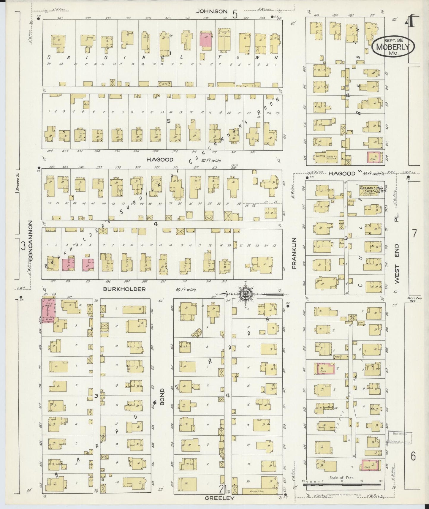 Sanborn Fire Insurance Map from Moberly, Randolph County, Missouri (1916), Sheet #0004 - Historic Sanborn Fire Insurance Map Print, vintage old map wall art, antique decor, genealogy gift, Missouri Missouri map