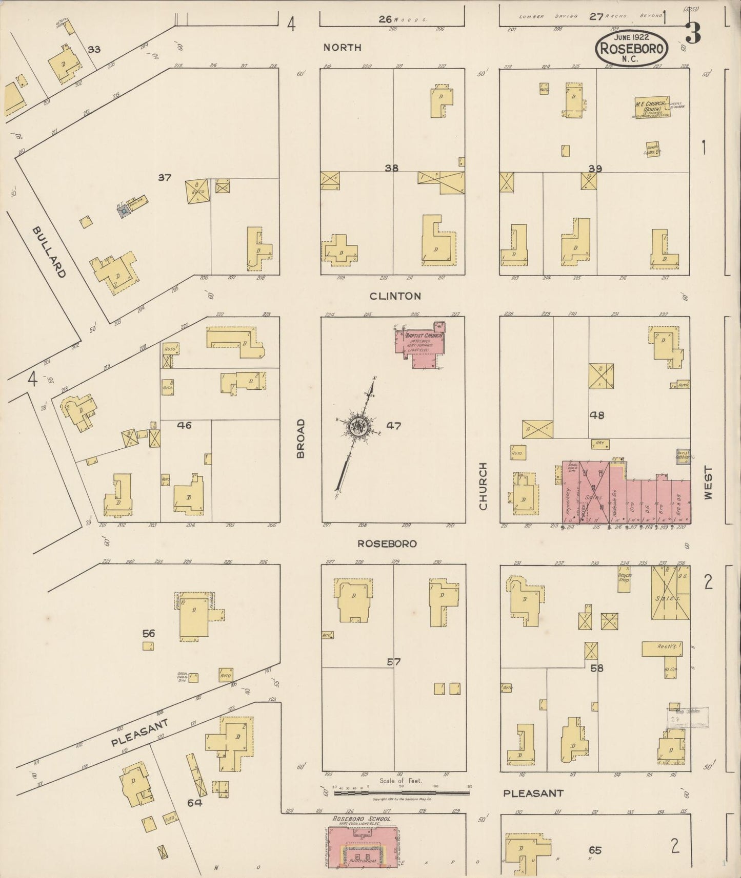 Sanborn Fire Insurance Map from Roseboro, Sampson County, North Carolina (1922), Sheet #0003 - Historic Sanborn Fire Insurance Map Print, vintage old map wall art, antique decor, genealogy gift, North Carolina North Carolina map