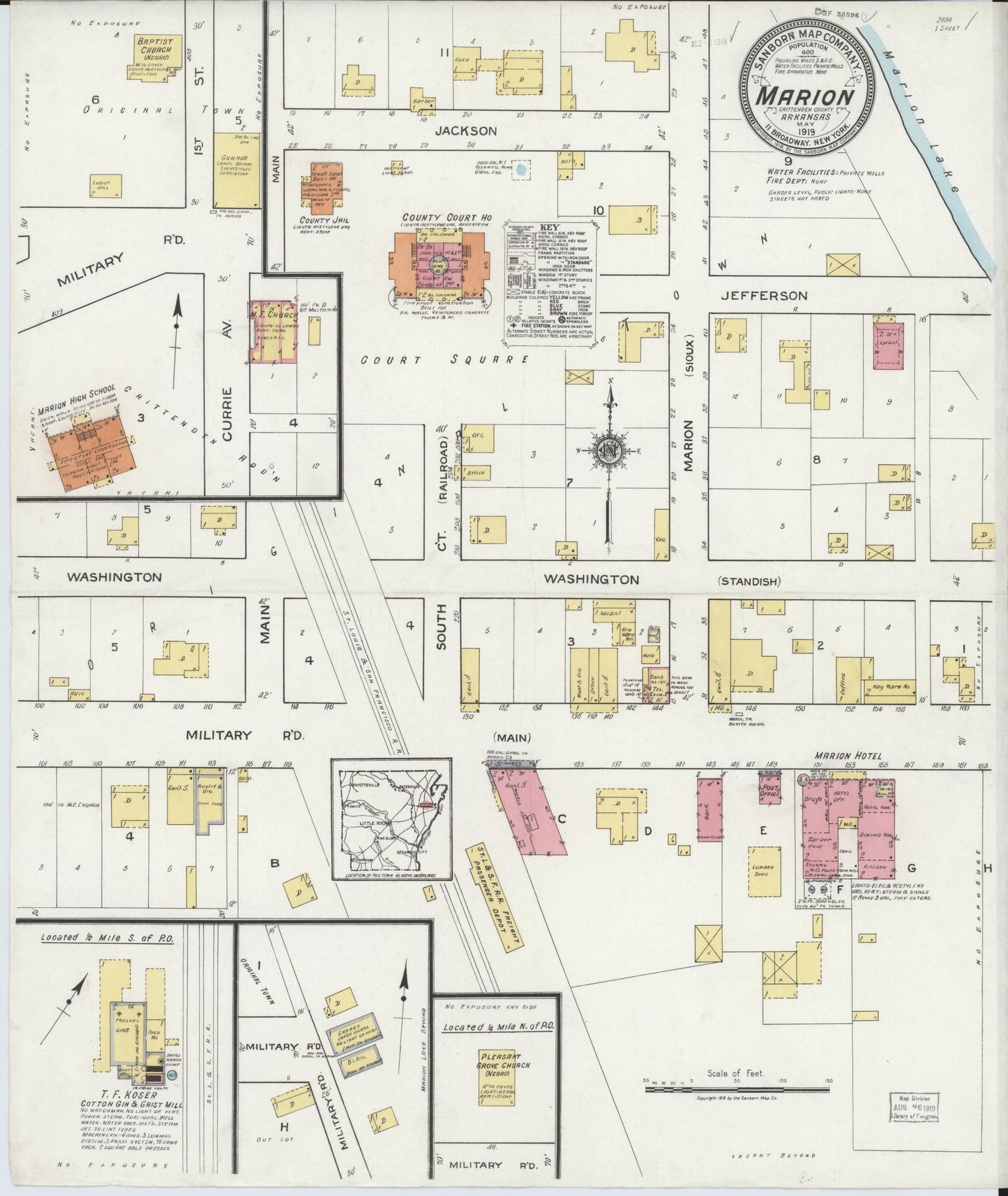 Sanborn Fire Insurance Map from Marion, Crittenden County, Arkansas (1919), Sheet #0001 - Historic Sanborn Fire Insurance Map Print, vintage old map wall art, antique decor, genealogy gift, Arkansas Arkansas map