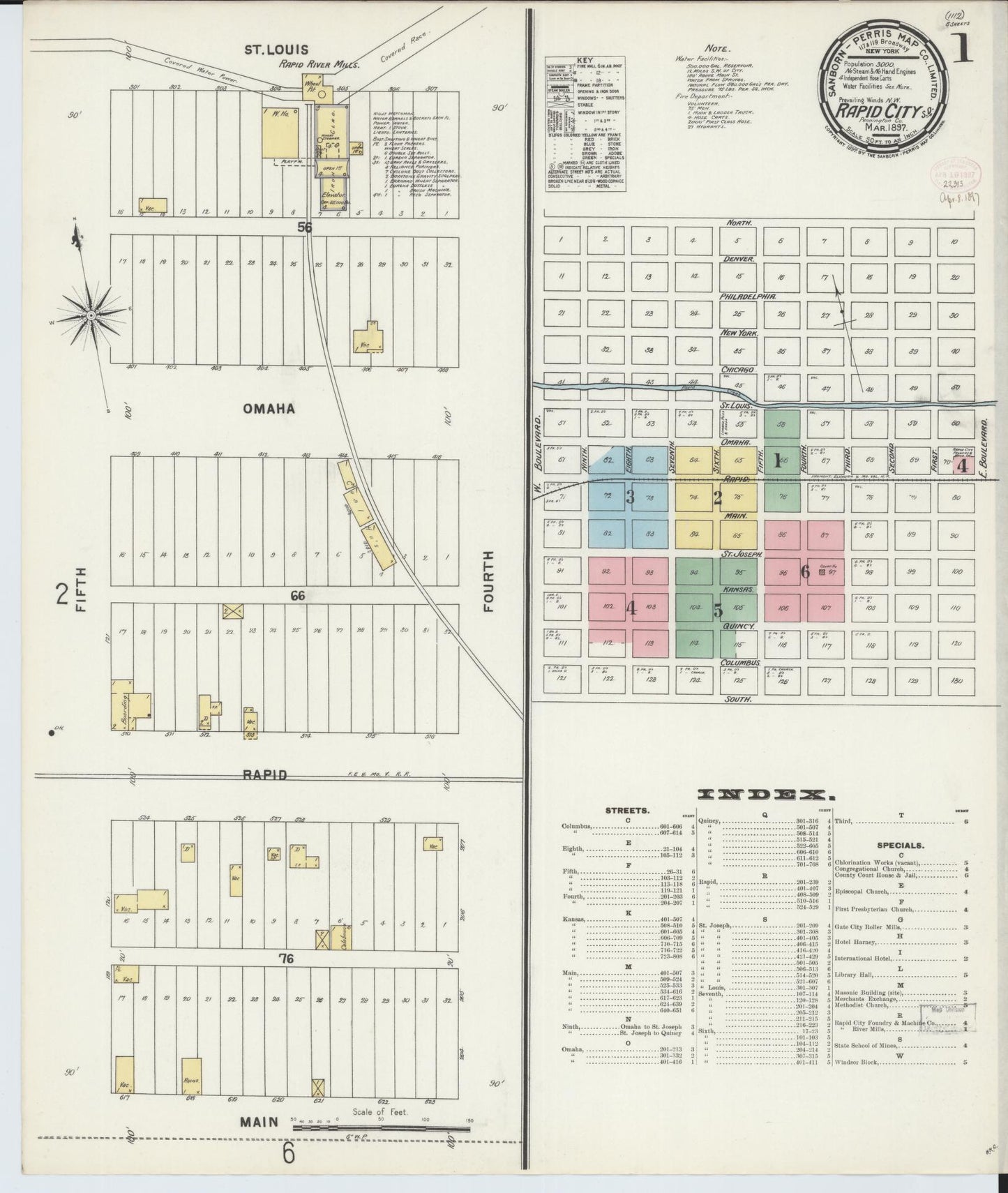 Sanborn Fire Insurance Map from Rapid City, Pennington County, South Dakota (1897), Sheet #0001 - Historic Sanborn Fire Insurance Map Print, vintage old map wall art, antique decor, genealogy gift, South Dakota South Dakota map