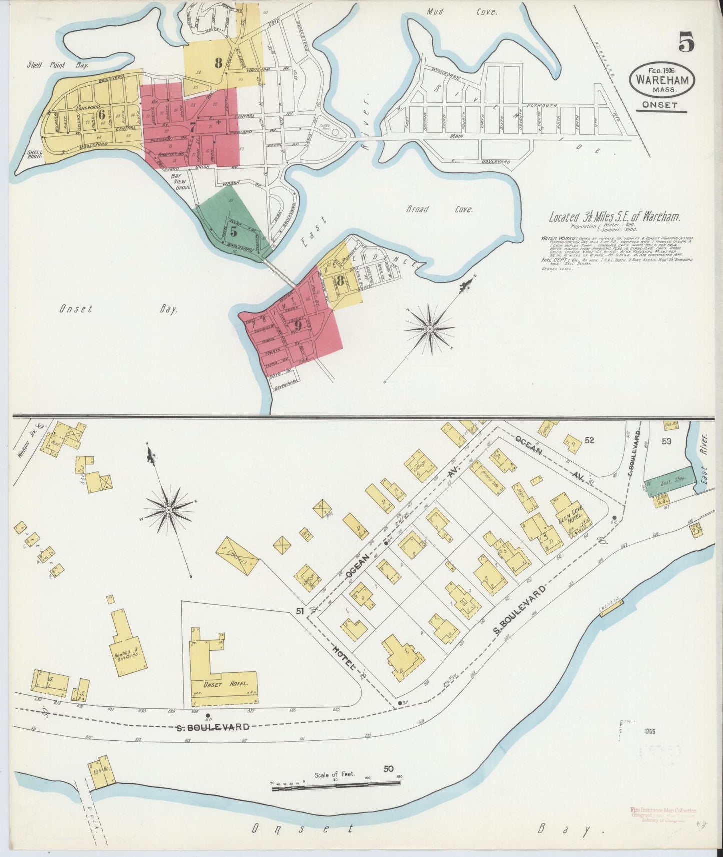 Sanborn Fire Insurance Map from Wareham, Plymouth County, Massachusetts (1906), Sheet #0005 - Historic Sanborn Fire Insurance Map Print, vintage old map wall art, antique decor, genealogy gift, Massachusetts Massachusetts map