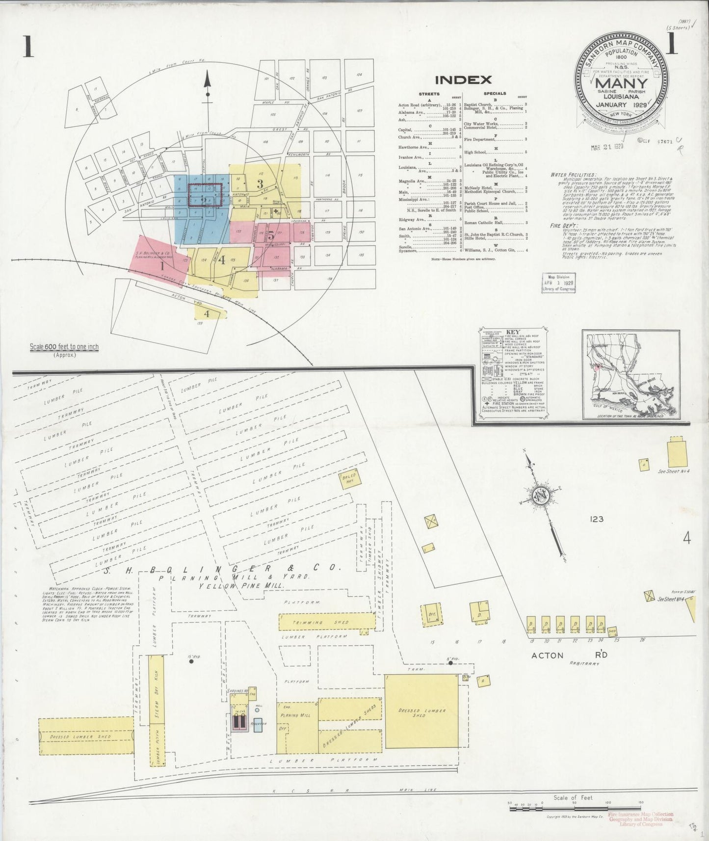 Sanborn Fire Insurance Map from Many, Sabine Parish, Louisiana. (1929) – Historic Sanborn Fire Insurance Map Print