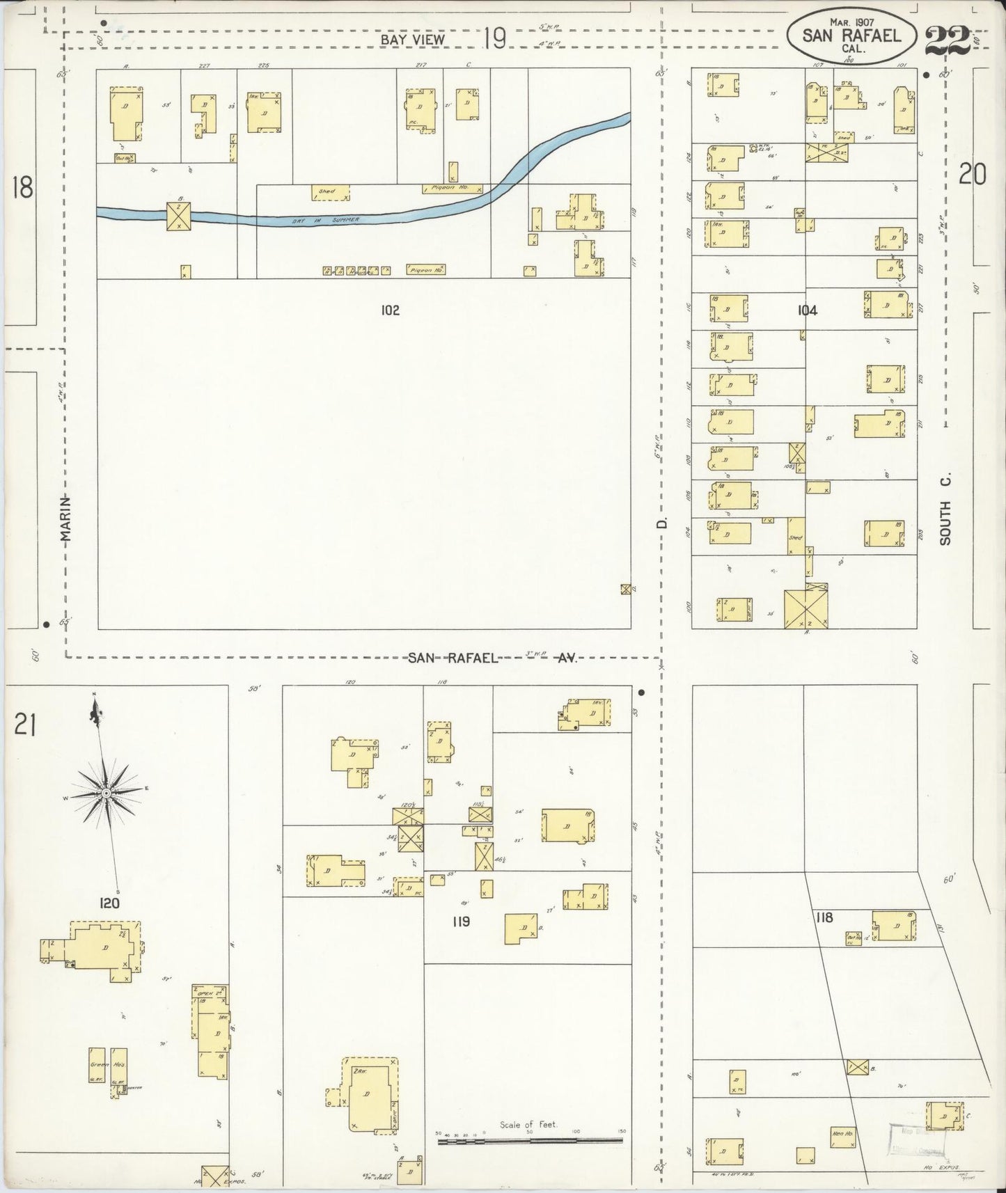 Sanborn Fire Insurance Map from San Rafael, Marin County, California (1907), Sheet #0022 - Complete Map Set gallery image, historic Sanborn map, vintage wall art, California California
