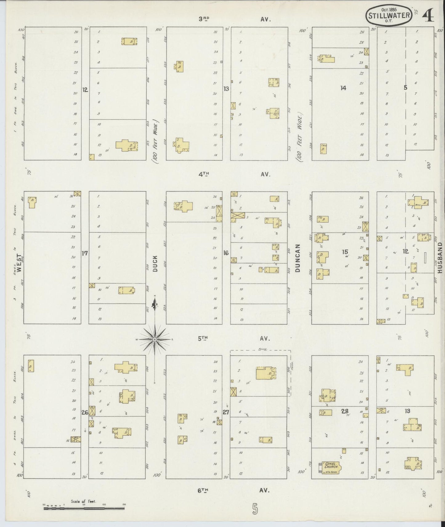 Sanborn Fire Insurance Map from Stillwater, Payne County, Oklahoma (1895), Sheet #0004 - Historic Sanborn Fire Insurance Map Print, vintage old map wall art, antique decor, genealogy gift, Oklahoma Oklahoma map