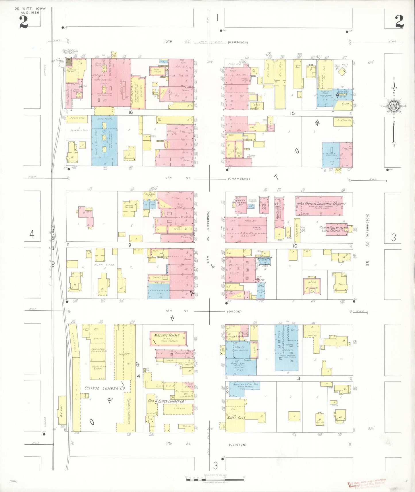 Sanborn Fire Insurance Map from De Witt, Clinton County, Iowa (1936), Sheet #0002 - Historic Sanborn Fire Insurance Map Print, vintage old map wall art