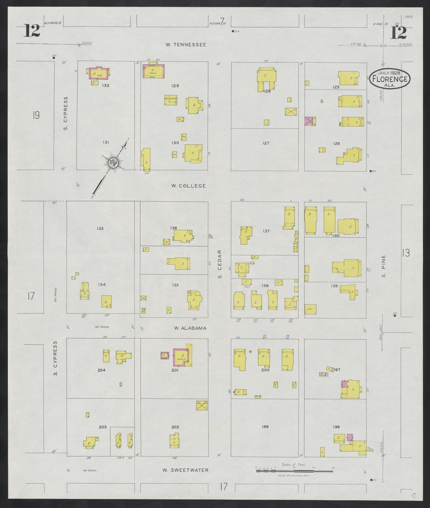 Sanborn Fire Insurance Map from Florence, Lauderdale County, Alabama (1928), Sheet #0012 - Historic Sanborn Fire Insurance Map Print, vintage old map wall art, antique decor, genealogy gift, Alabama Alabama map