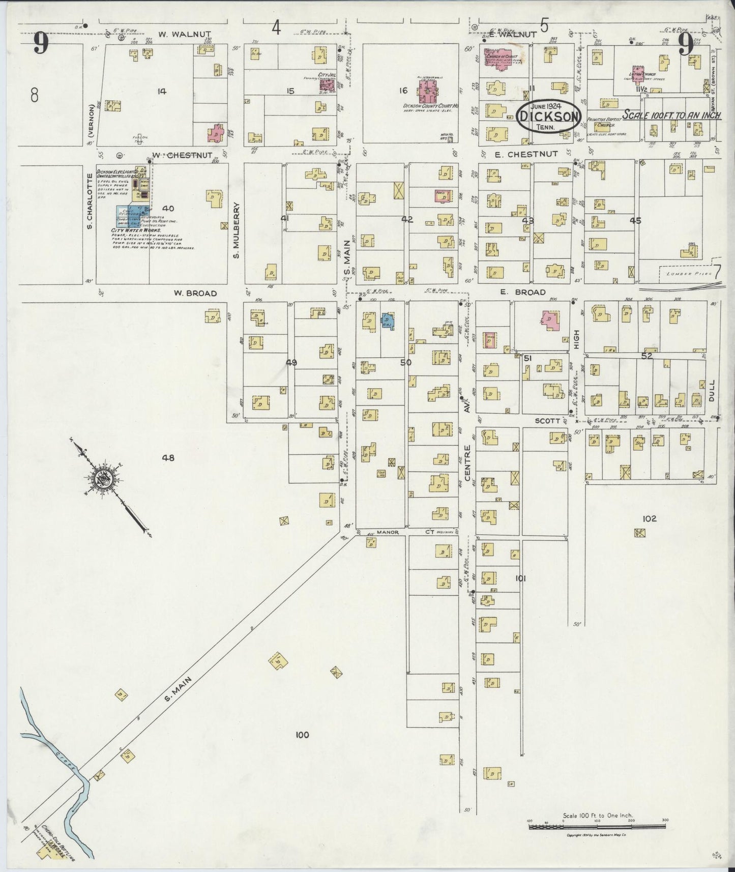 Sanborn Fire Insurance Map from Dickson, Dickson County, Tennessee (1924), Sheet #0009 - Complete Map Set gallery image, historic Sanborn map, vintage wall art, Tennessee Tennessee