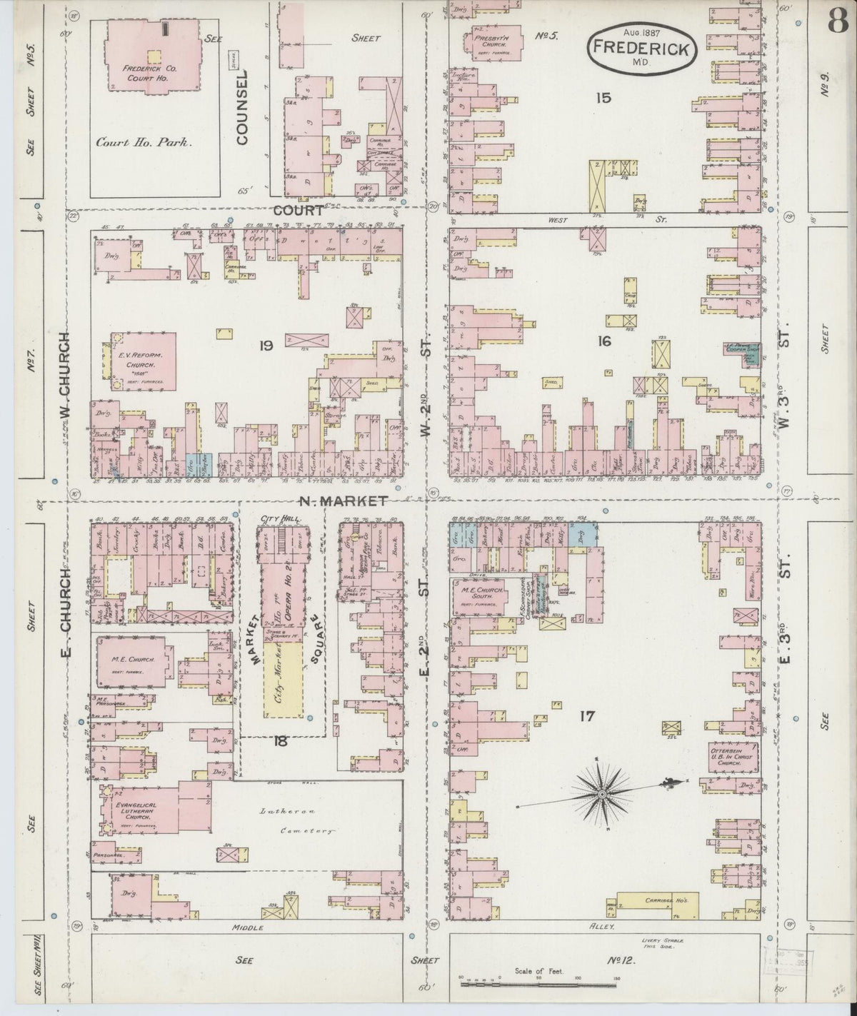 Sanborn Fire Insurance Map from Frederick, Frederick County, Maryland (1887), Sheet #0008 - Historic Sanborn Fire Insurance Map Print, vintage old map wall art, antique decor, genealogy gift, Maryland Maryland map