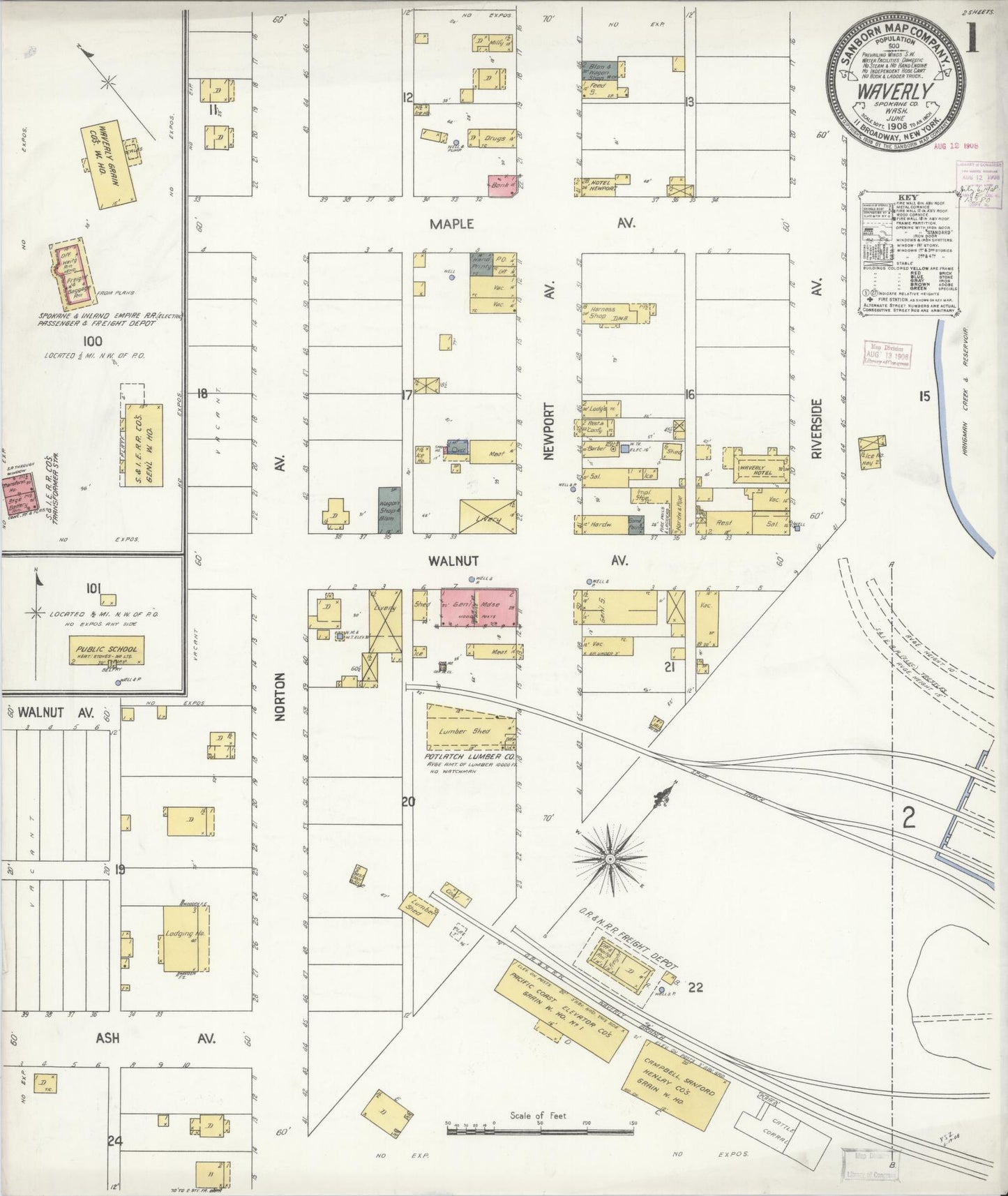 Sanborn Fire Insurance Map from Waverly, Spokane County, Washington (1908), Sheet #0001 - Historic Sanborn Fire Insurance Map Print, vintage old map wall art, antique decor, genealogy gift, Washington Washington map