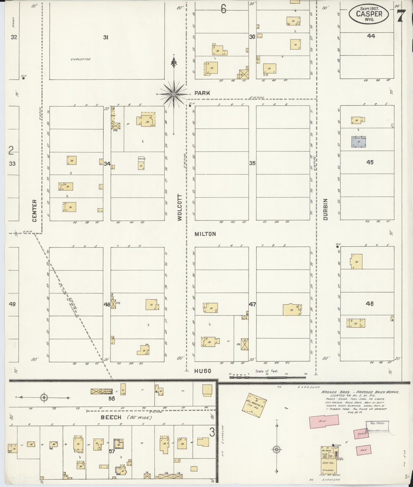 Sanborn Fire Insurance Map from Casper, Natrona County, Wyoming (1907), Sheet #0007 - Complete Map Set gallery image, historic Sanborn map, vintage wall art, Wyoming Wyoming