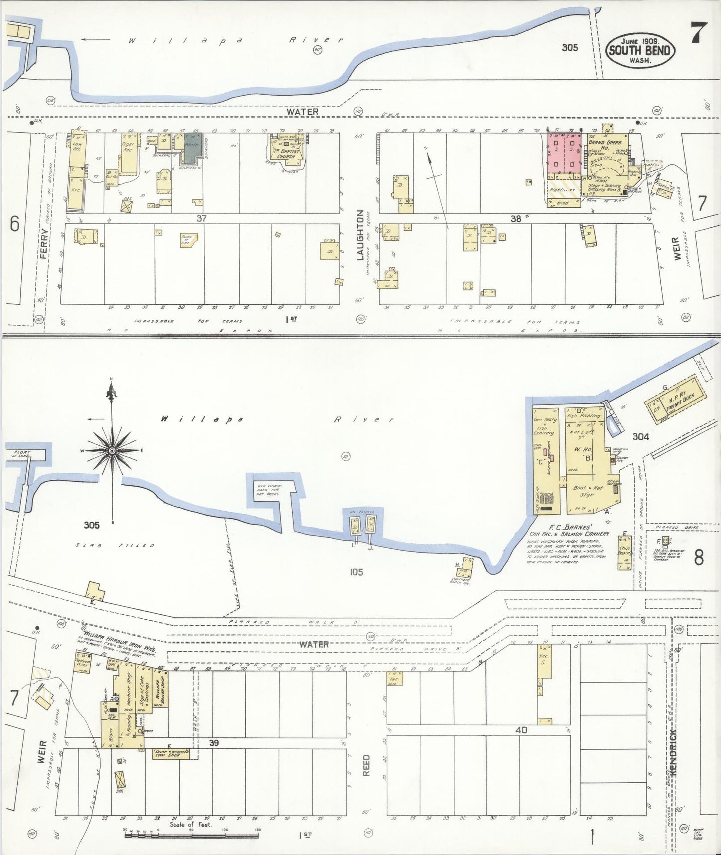 Sanborn Fire Insurance Map from South Bend, Pacific County, Washington (1909), Sheet #0007 - Historic Sanborn Fire Insurance Map Print, vintage old map wall art, antique decor, genealogy gift, Washington Washington map