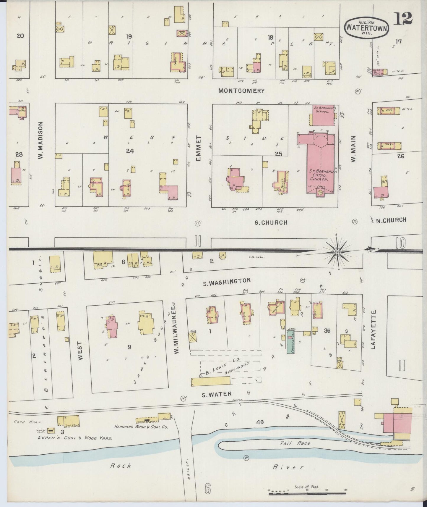 Sanborn Fire Insurance Map from Watertown, Jefferson County, Wisconsin (1895), Sheet #0012 - Historic Sanborn Fire Insurance Map Print, vintage old map wall art, antique decor, genealogy gift, Wisconsin Wisconsin map