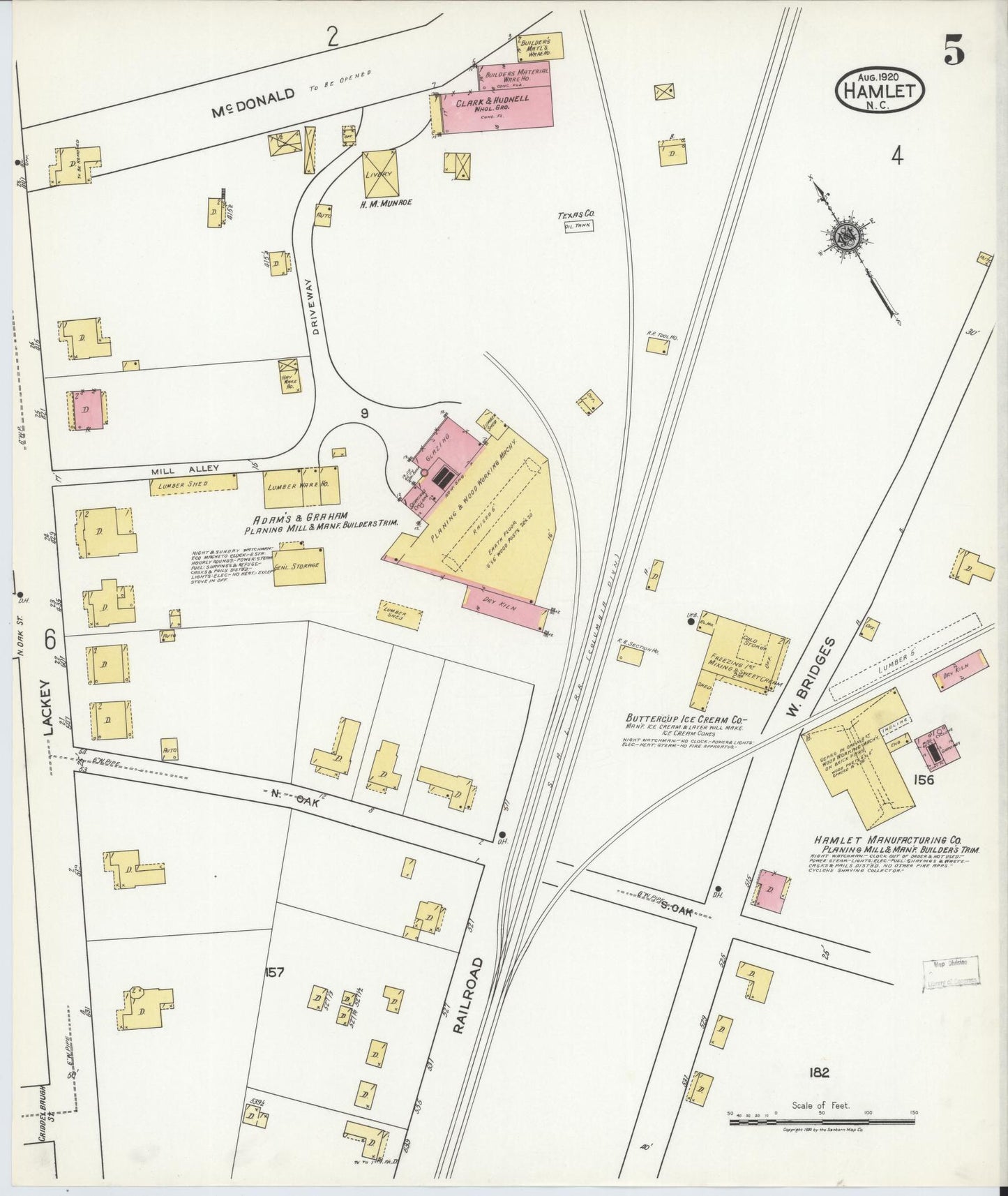 Sanborn Fire Insurance Map from Hamlet, Richmond County, North Carolina (1920), Sheet #0005 - Historic Sanborn Fire Insurance Map Print, vintage old map wall art, antique decor, genealogy gift, North Carolina North Carolina map