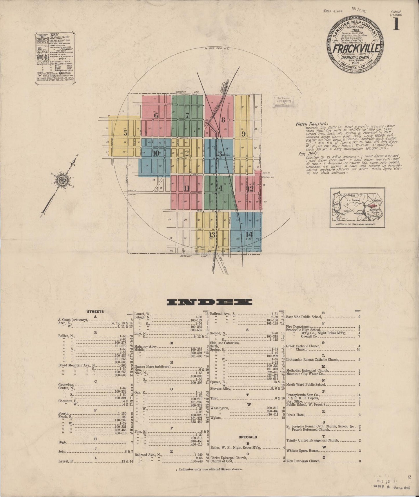 Sanborn Fire Insurance Map from Frackville, Schuylkill County, Pennsylvania (1921), Sheet #0001 - Historic Sanborn Fire Insurance Map Print, vintage old map wall art, antique decor, genealogy gift, Pennsylvania Pennsylvania map