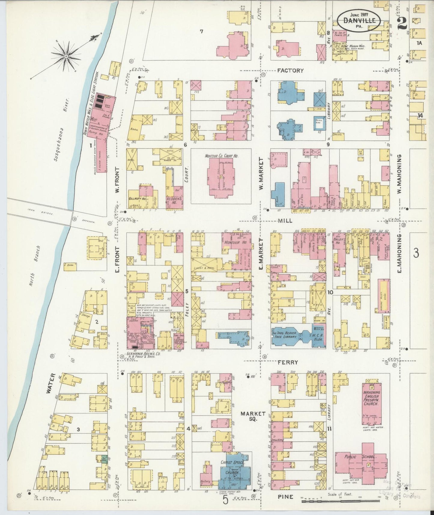 Sanborn Fire Insurance Map from Danville, Montour County, Pennsylvania (1907), Sheet #0002 - Historic Sanborn Fire Insurance Map Print, vintage old map wall art, antique decor, genealogy gift, Pennsylvania Pennsylvania map