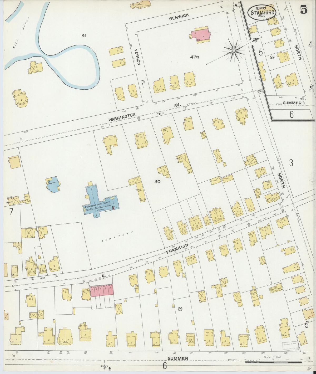 Sanborn Fire Insurance Map from Stamford, Fairfield County, Connecticut (1901), Sheet #0005 - Historic Sanborn Fire Insurance Map Print, vintage old map wall art, antique decor, genealogy gift, Connecticut Connecticut map