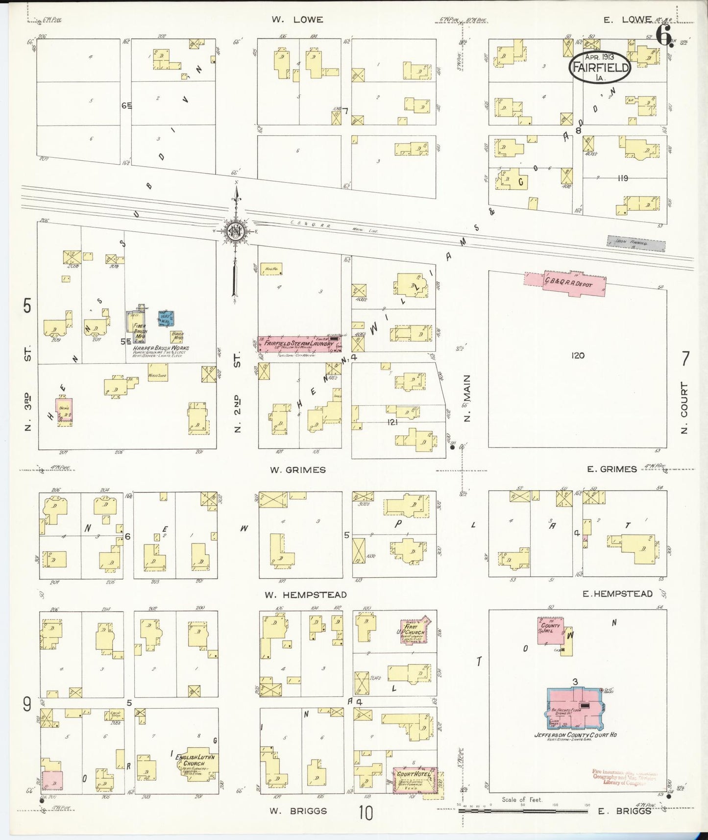 Sanborn Fire Insurance Map from Fairfield, Jefferson County, Iowa (1913), Sheet #0006 - Historic Sanborn Fire Insurance Map Print, vintage old map wall art